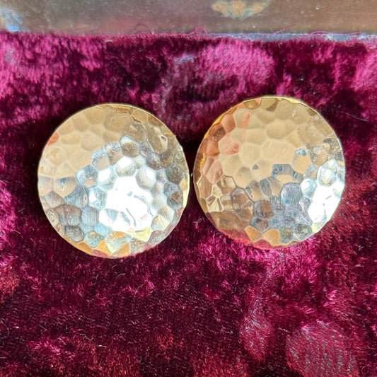 Awesome Hammered 1” Round Textured 14k Gold Disc/Button Statement Earrings