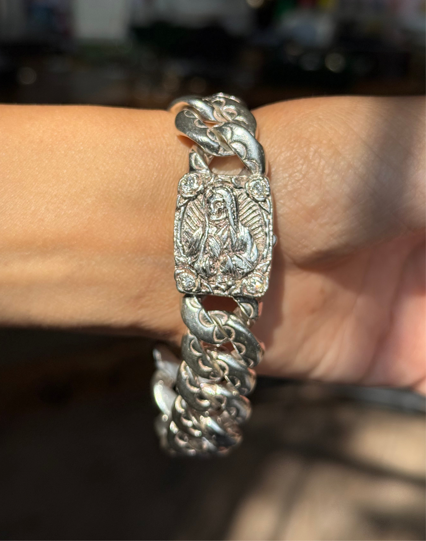 Badass Solid & Heavy 3.6OZ Sterling Silver Santa Muerte .40tcw Diamond 16mm Chunky Curb Bracelet 8”