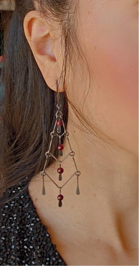 Vintage Gothic Style Sterling Silver Chandelier Garnet Bead Dangle Statement Earrings