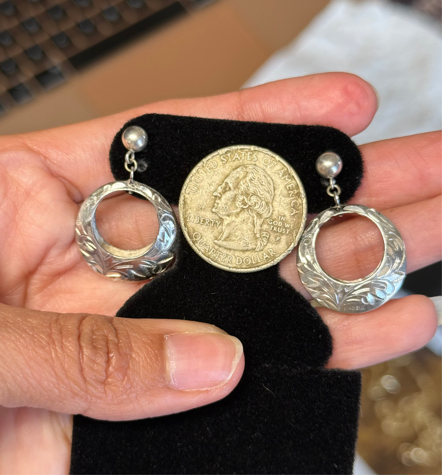Sterling Silver Floral Carved Circle Dangle Earrings