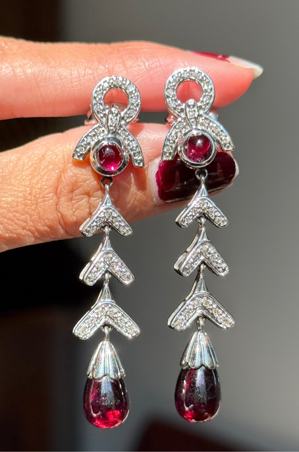 Stunning 14k White Gold Rhodolite Garnet and Diamond Dangle Statement Earrings