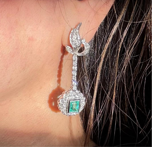 Vintage White Gold Natural Emerald and Diamond Statement Bridal Dangle Earrings