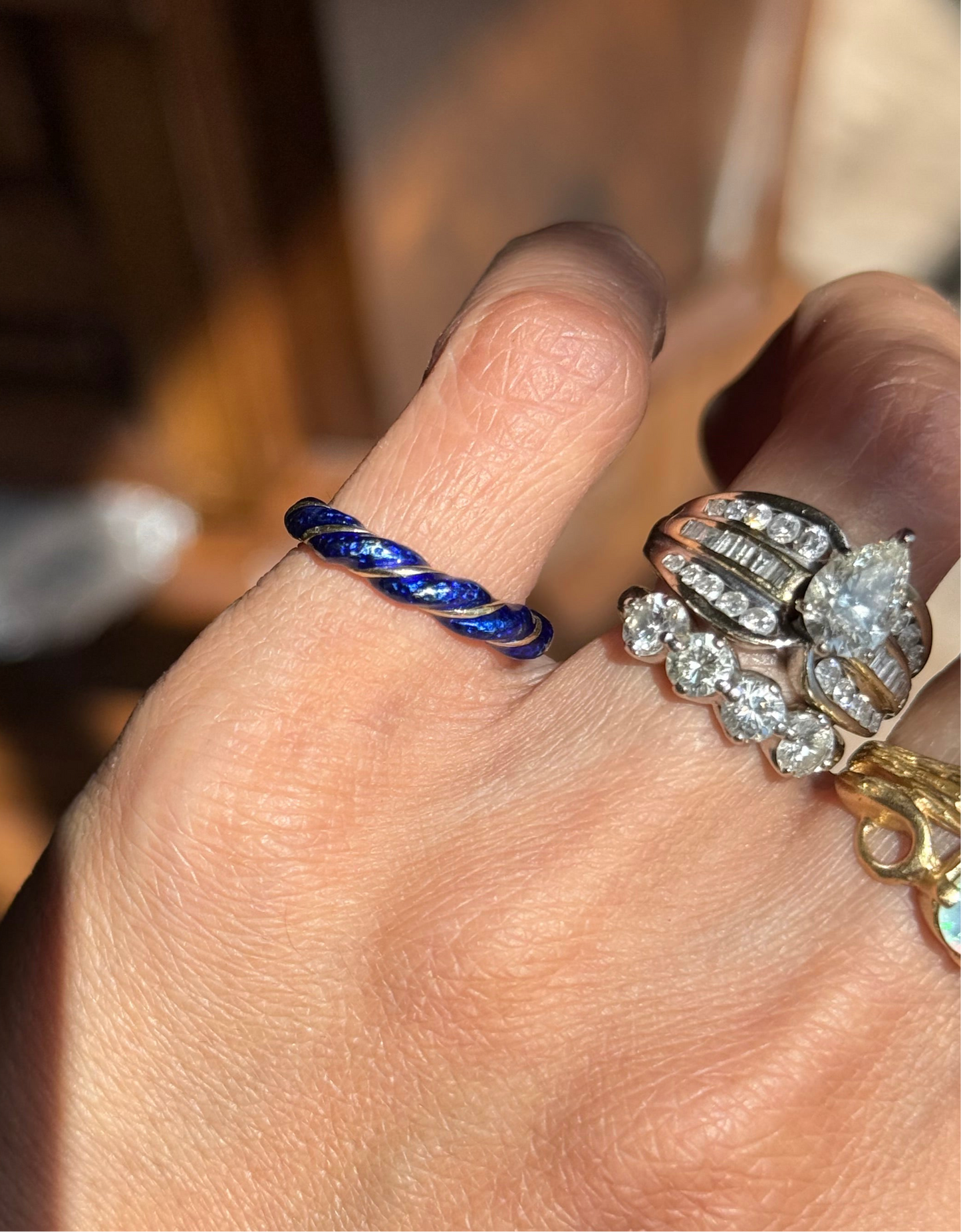 Vintage Twisted Blue Enamel Rope Solid 14k Gold Pinky Ring Size 4