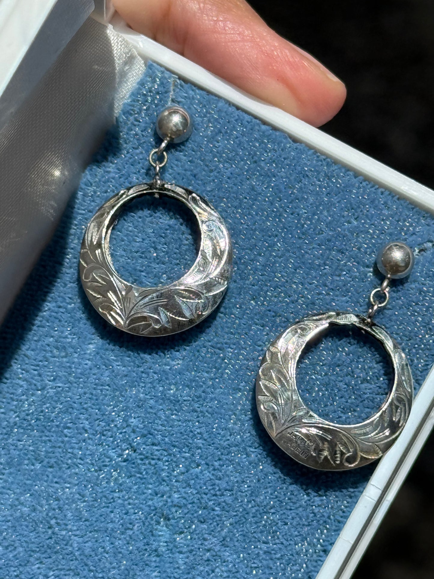 Sterling Silver Floral Carved Circle Dangle Earrings