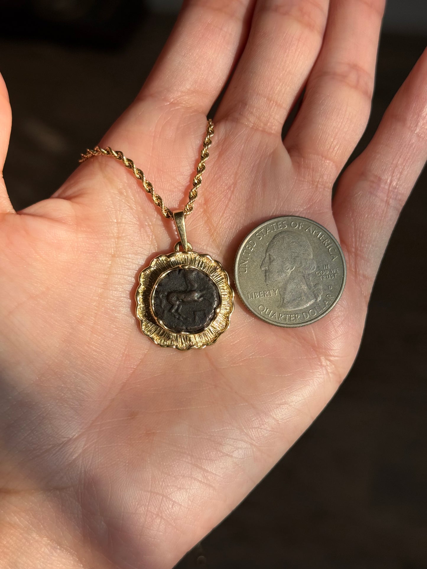 Awesome Ancient Looking Coin with Horse Set in 14k Gold Pendant (NO CHAIN)