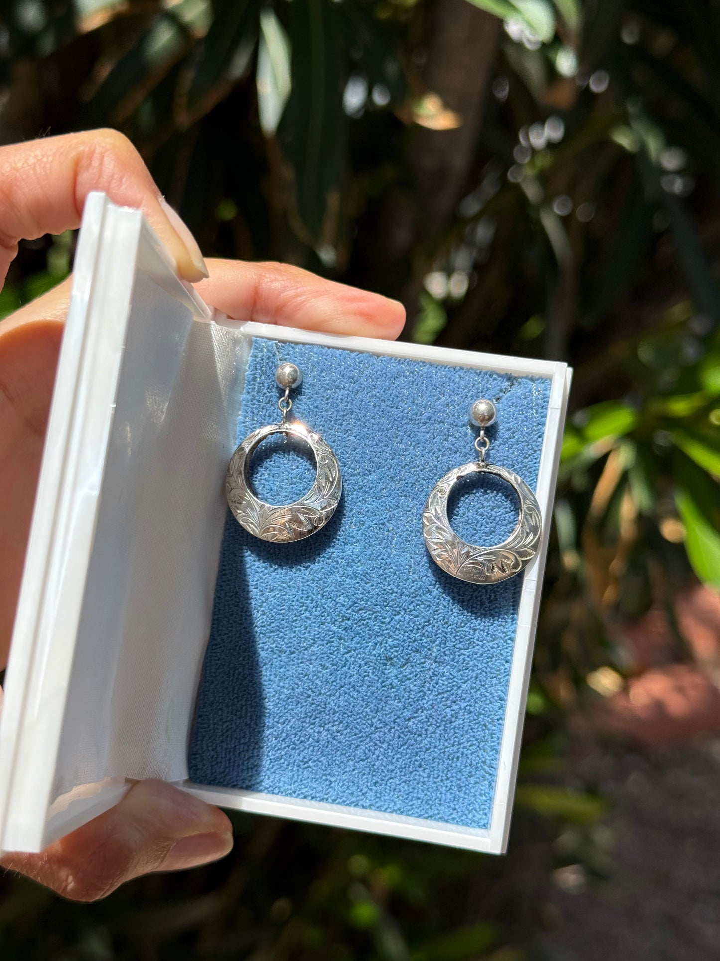 Sterling Silver Floral Carved Circle Dangle Earrings