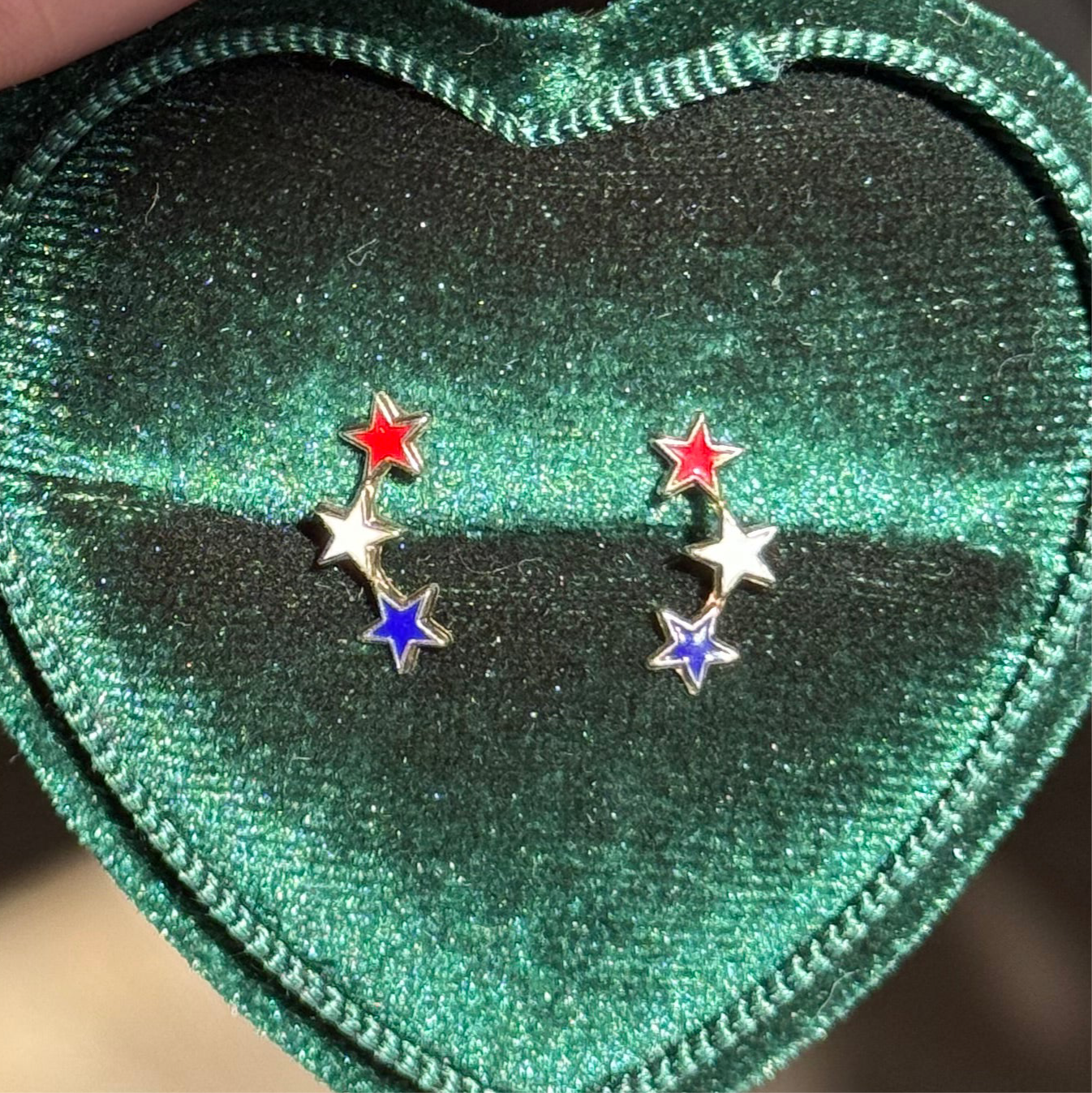 Lovely 14k Gold Red White & Blue Enamel Star Ear Climber Stud Earrings