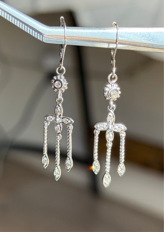 14k White Gold Diamond “Trident” Dangle Earrings