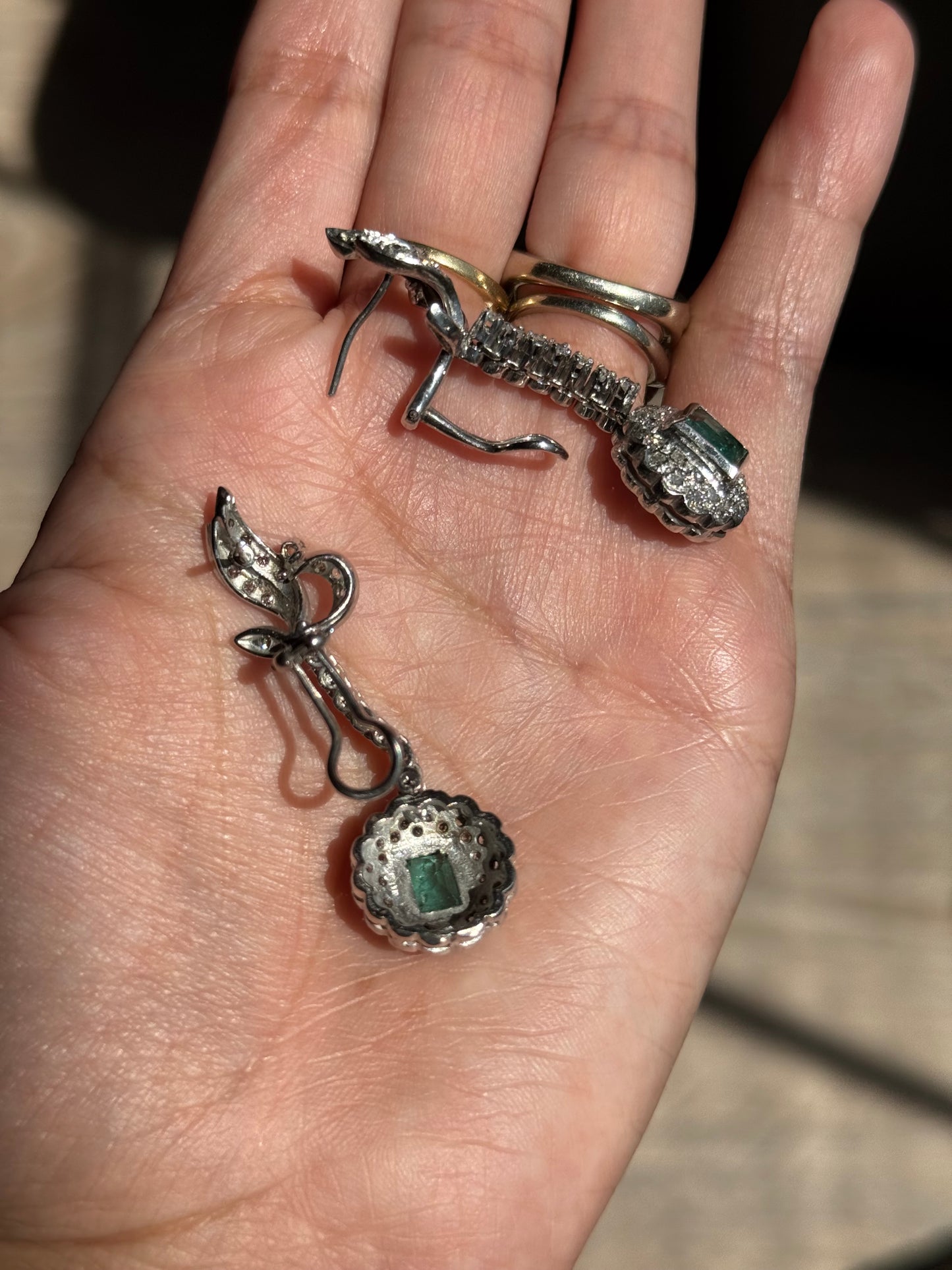 Vintage White Gold Natural Emerald and Diamond Statement Bridal Dangle Earrings