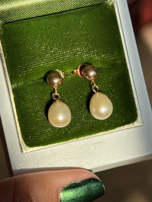 Lovely Dainty Pearl 14k Gold Dangle Earrings