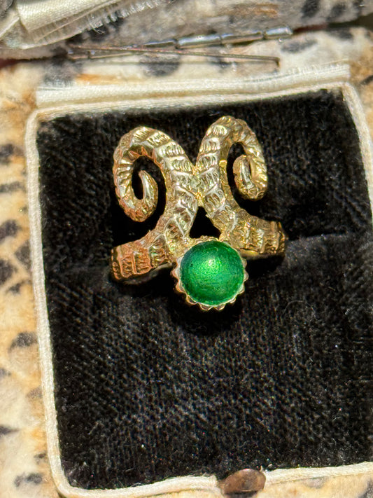 Awesome 18k Gold and Green Enamel Rams Horns Statement Ring Size 6