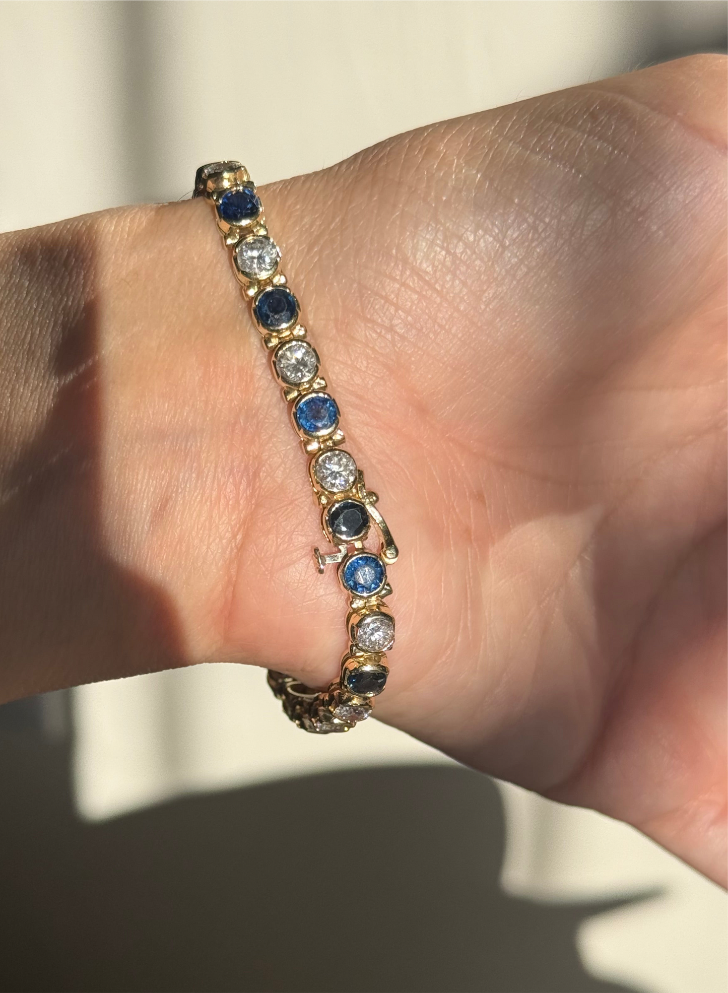 Stunning 8.90TCW Sapphire and Diamond Half Bezel Set 14k Gold Tennis Bracelet 6.75”