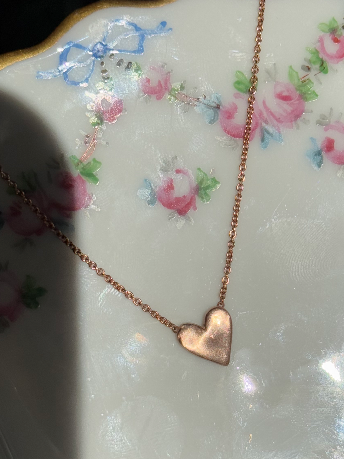 Lovely Dainty Matte 14K Rose Gold Heart Necklace Choker 15"