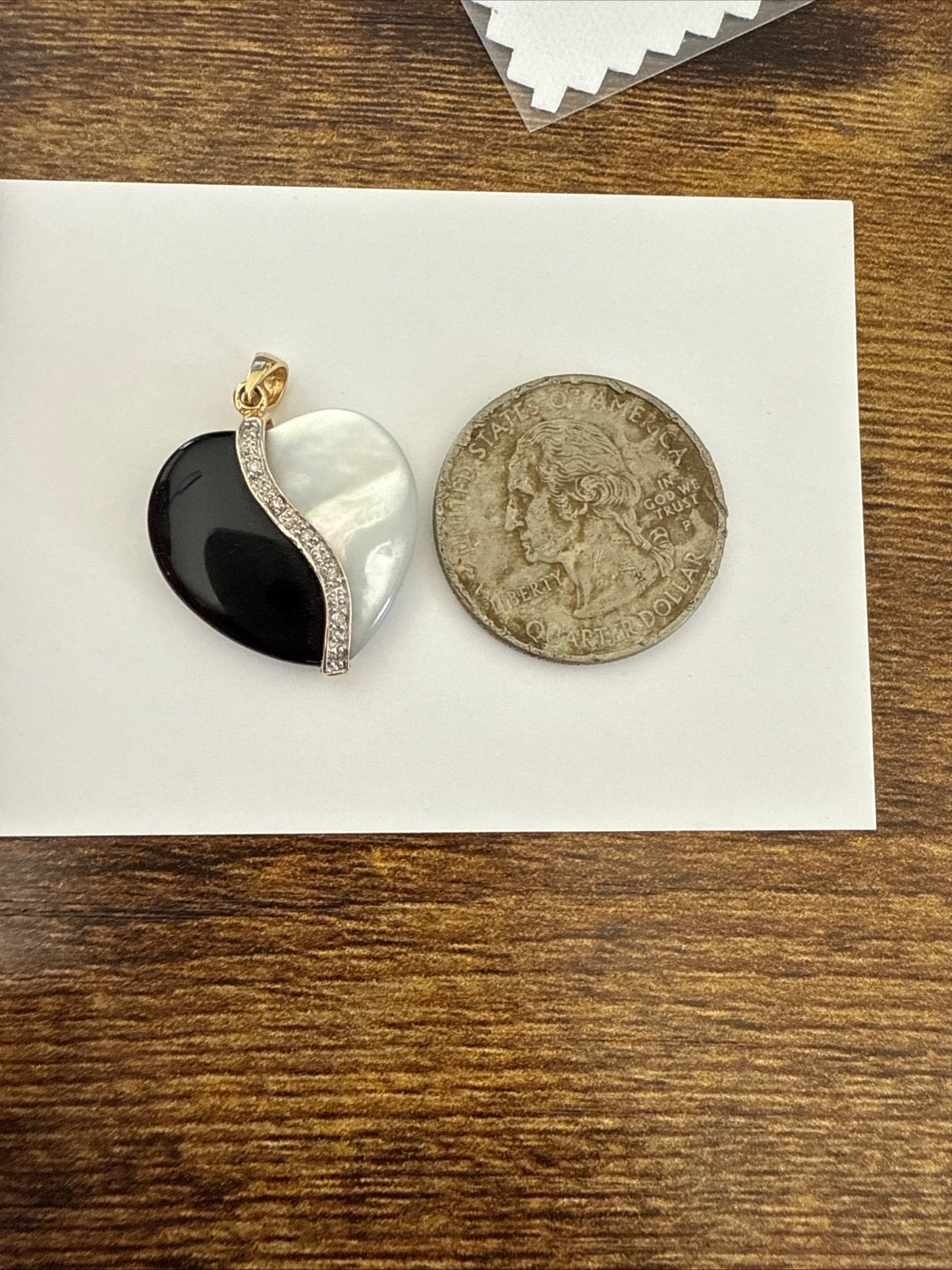 Beautiful Onyx and MOP Yin Yang Heart 14k Gold Diamond Accent Pendant