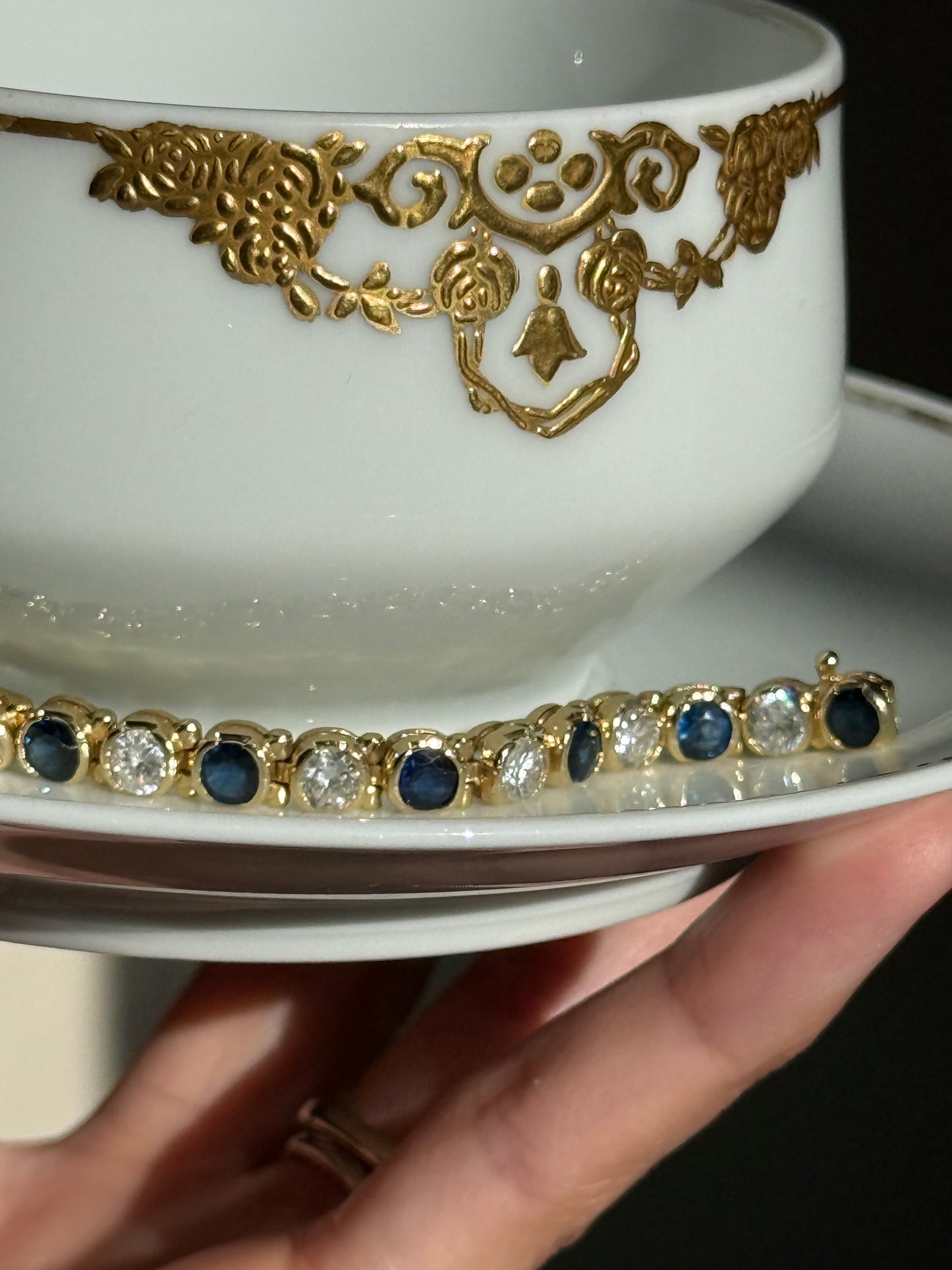 Stunning 8.90TCW Sapphire and Diamond Half Bezel Set 14k Gold Tennis Bracelet 6.75”