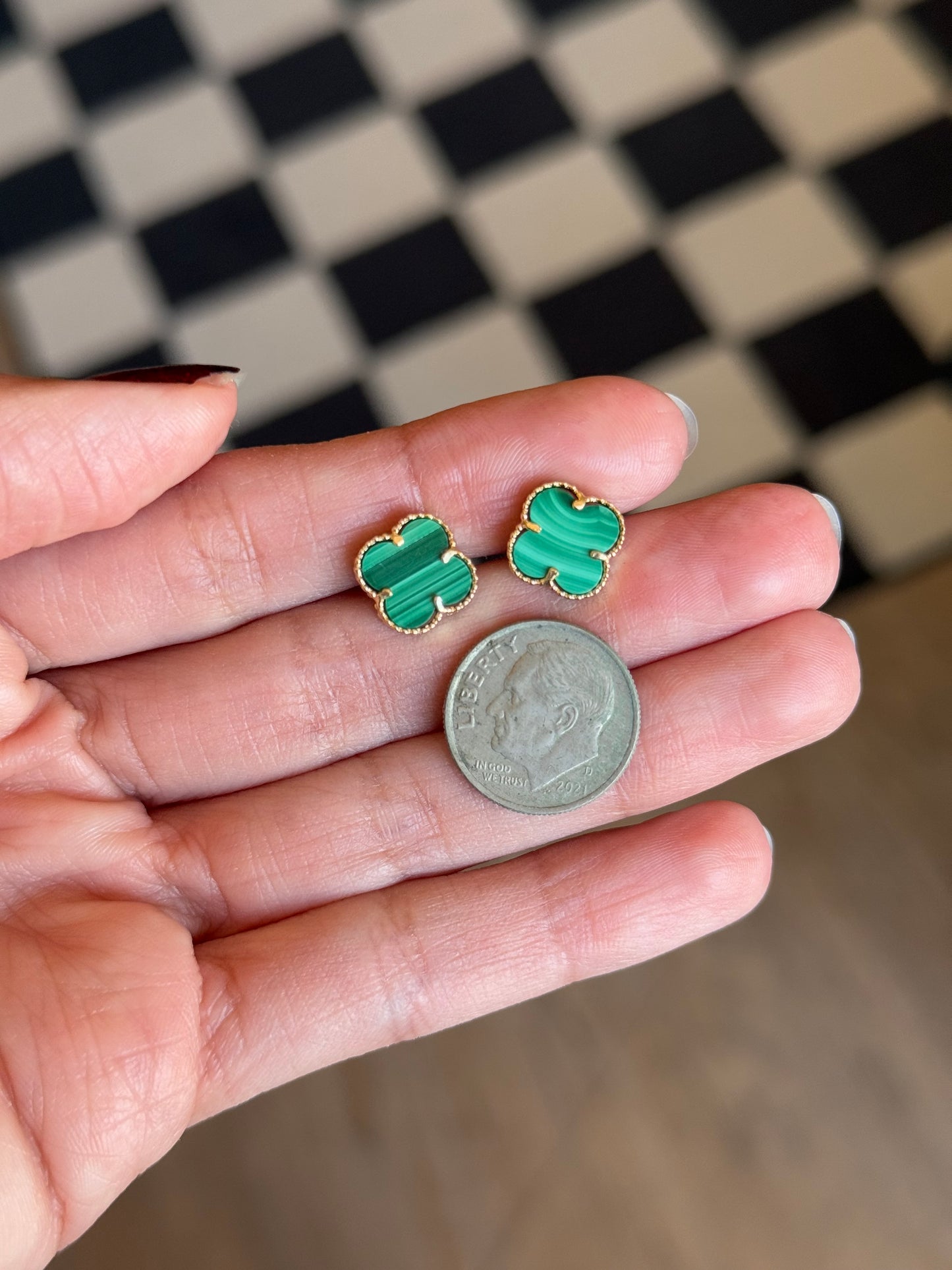 Lovely Synthetic Malachite Clover 14k Gold Stud Earrings