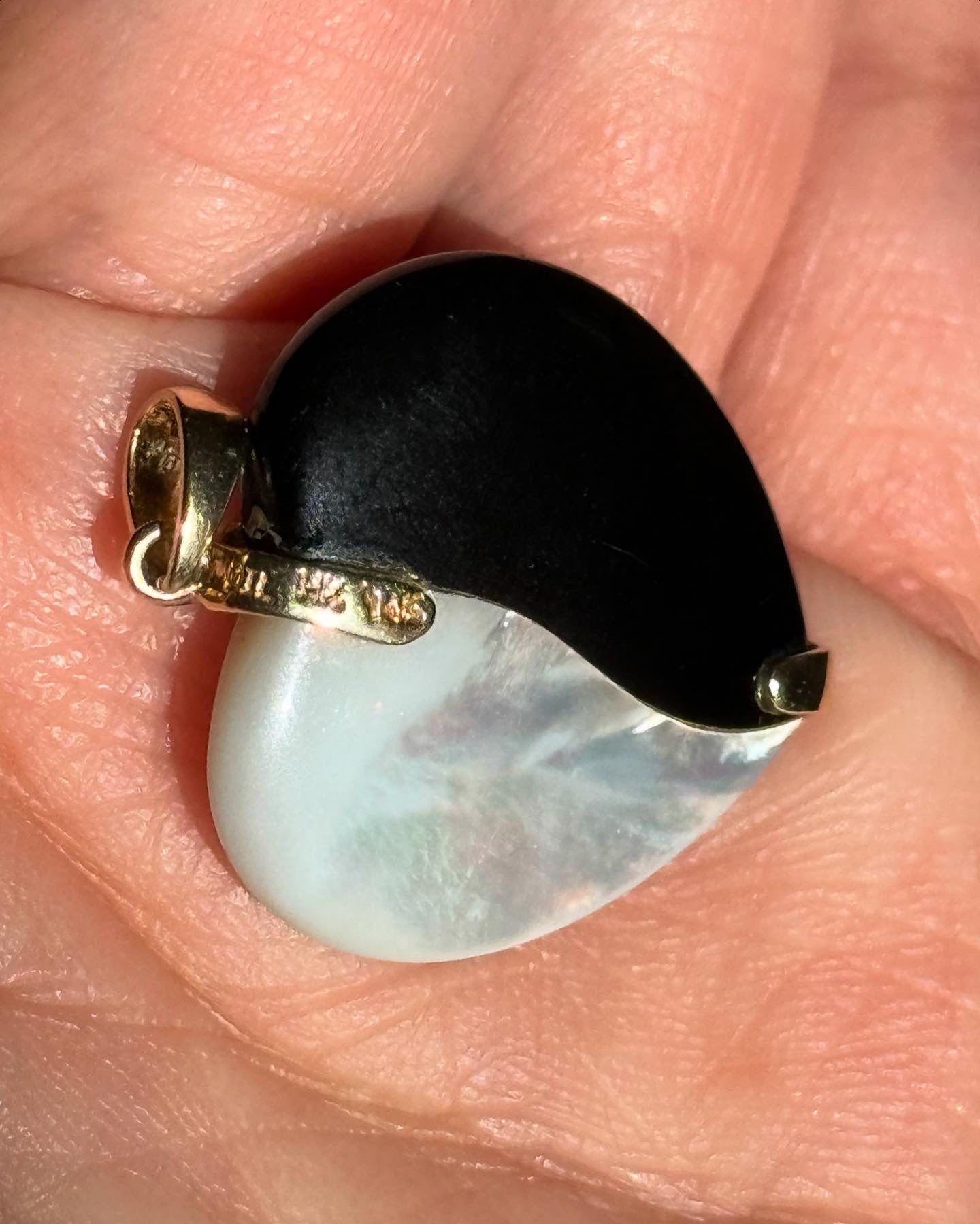 Beautiful Onyx and MOP Yin Yang Heart 14k Gold Diamond Accent Pendant