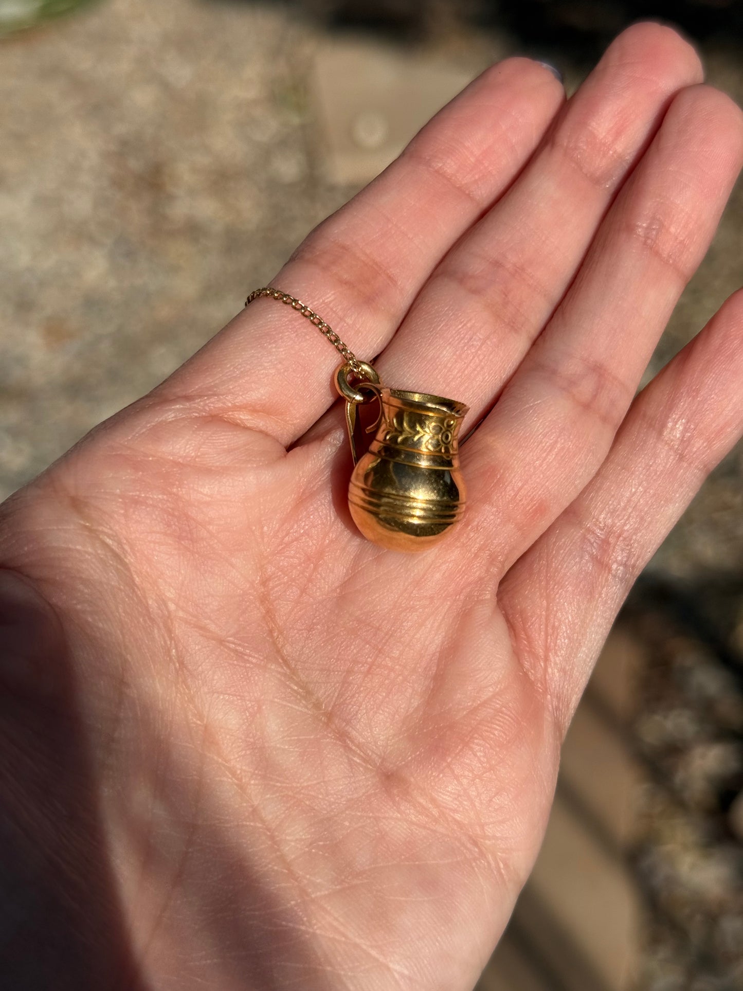 Adorable 18k Gold Floral Carved Vintage Pitcher Charm (NO CHAIN)