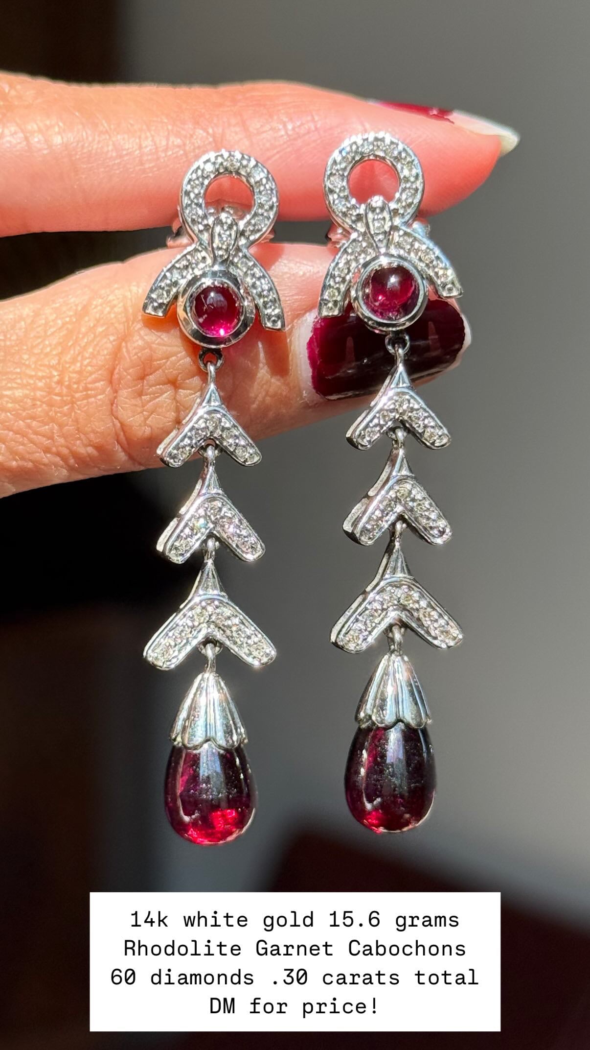 Stunning 14k White Gold Rhodolite Garnet and Diamond Dangle Statement Earrings