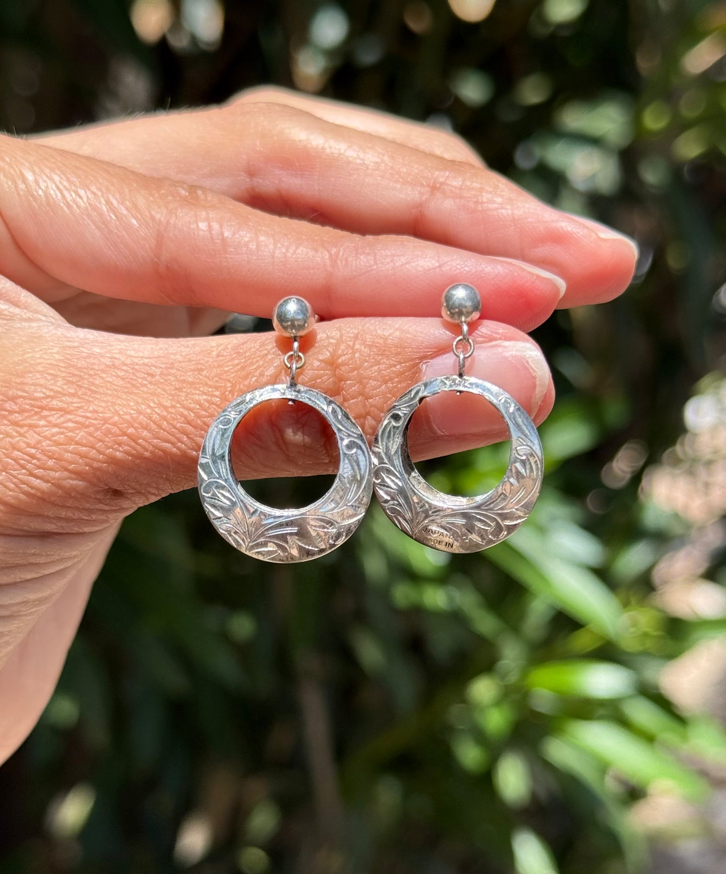 Sterling Silver Floral Carved Circle Dangle Earrings
