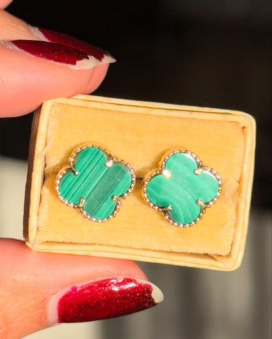 Lovely Synthetic Malachite Clover 14k Gold Stud Earrings