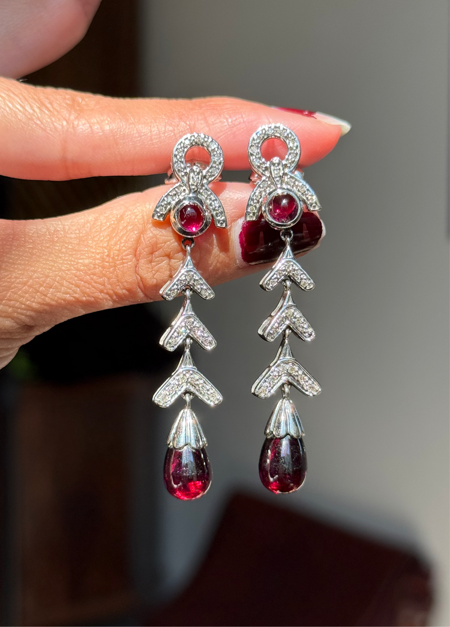 Stunning 14k White Gold Rhodolite Garnet and Diamond Dangle Statement Earrings