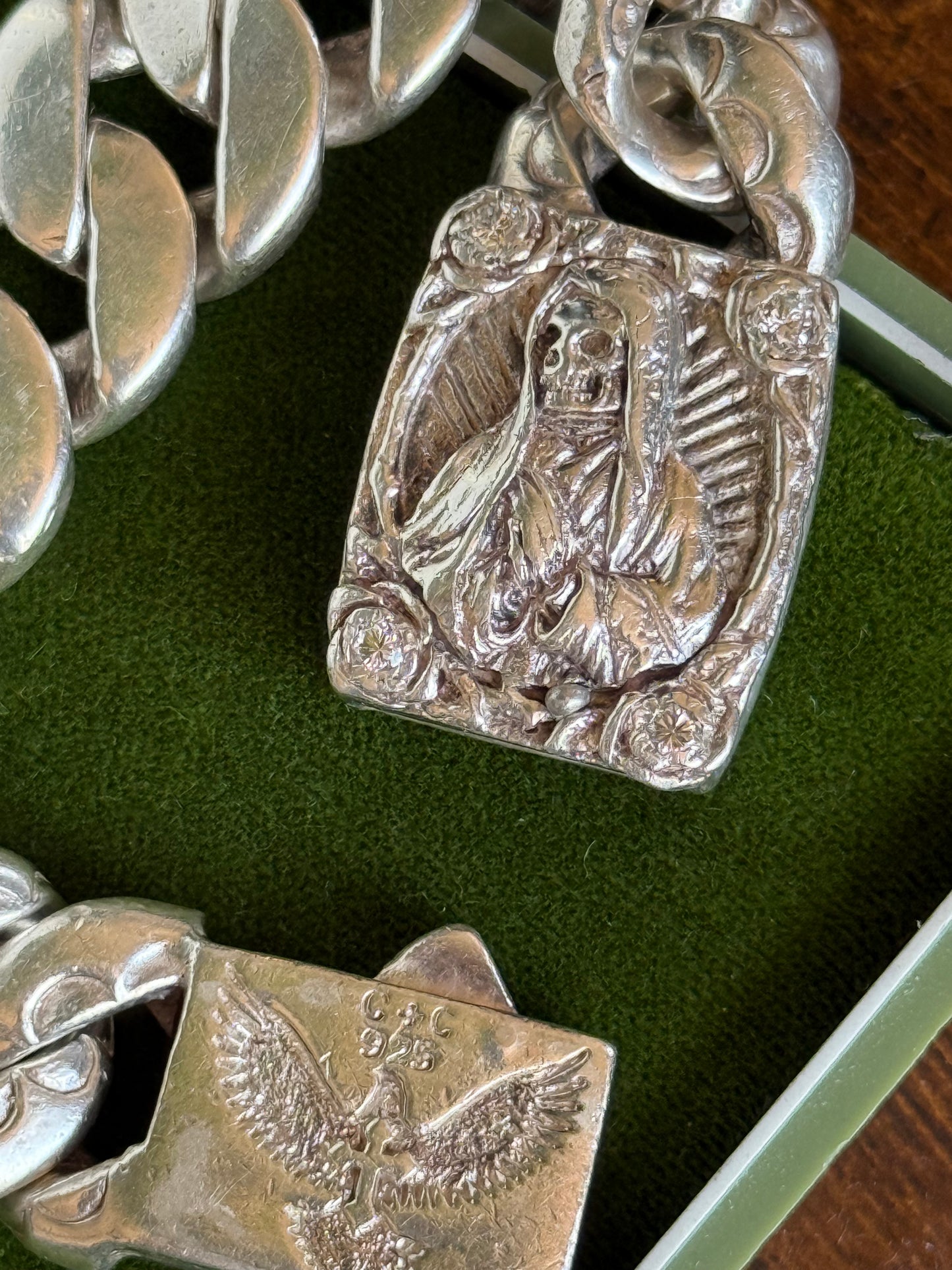 Badass Solid & Heavy 3.6OZ Sterling Silver Santa Muerte .40tcw Diamond 16mm Chunky Curb Bracelet 8”