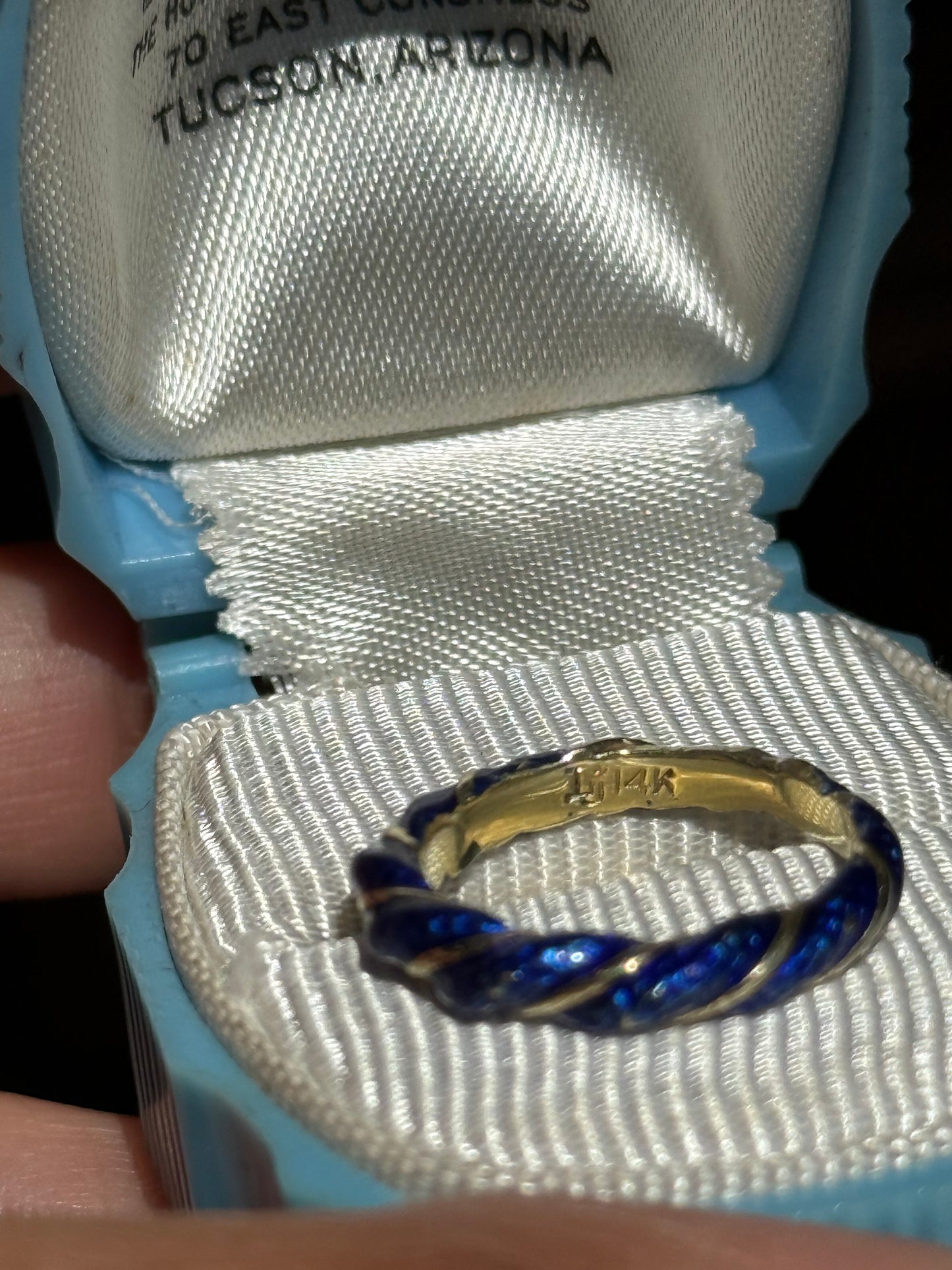 Vintage Twisted Blue Enamel Rope Solid 14k Gold Pinky Ring Size 4