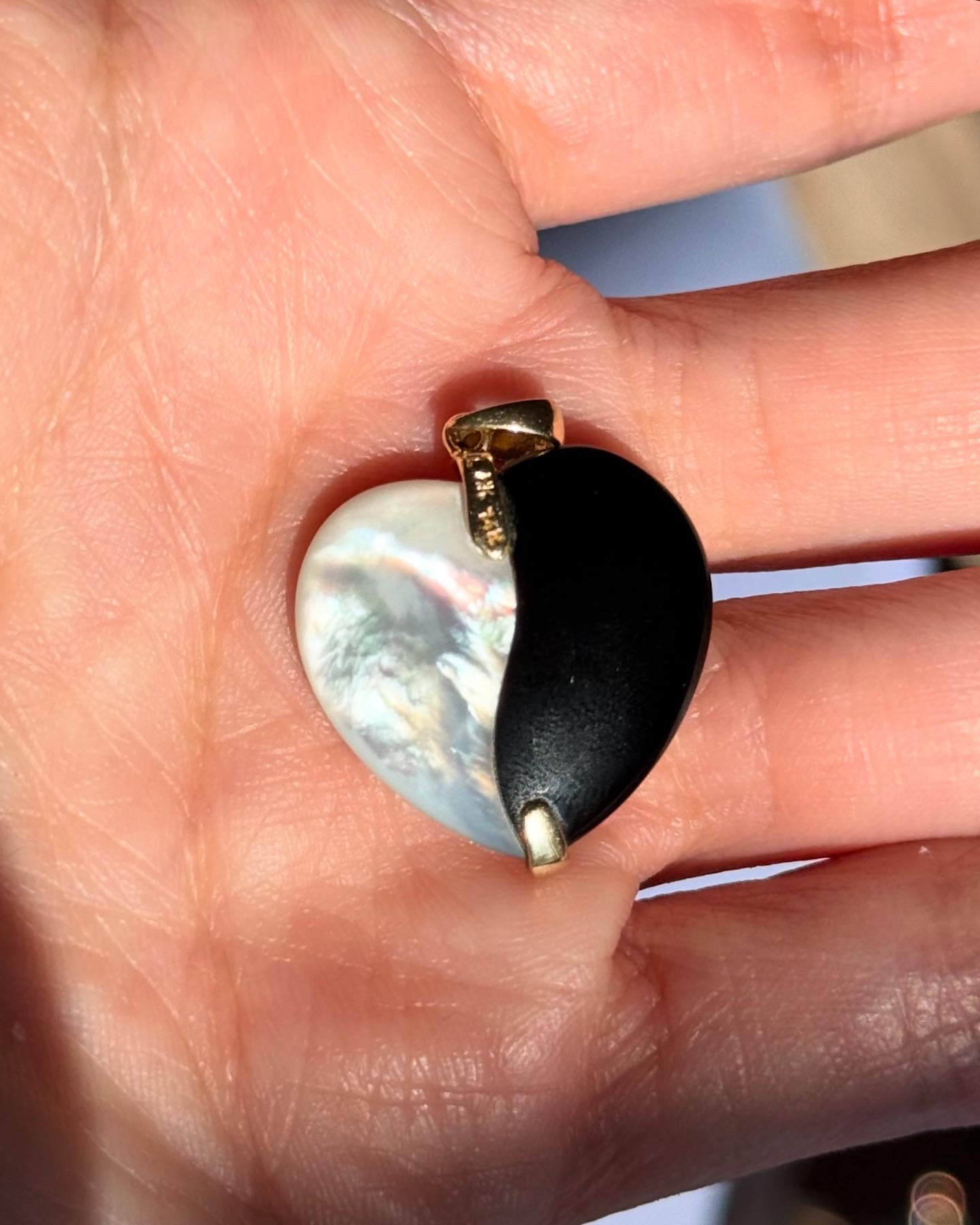 Beautiful Onyx and MOP Yin Yang Heart 14k Gold Diamond Accent Pendant