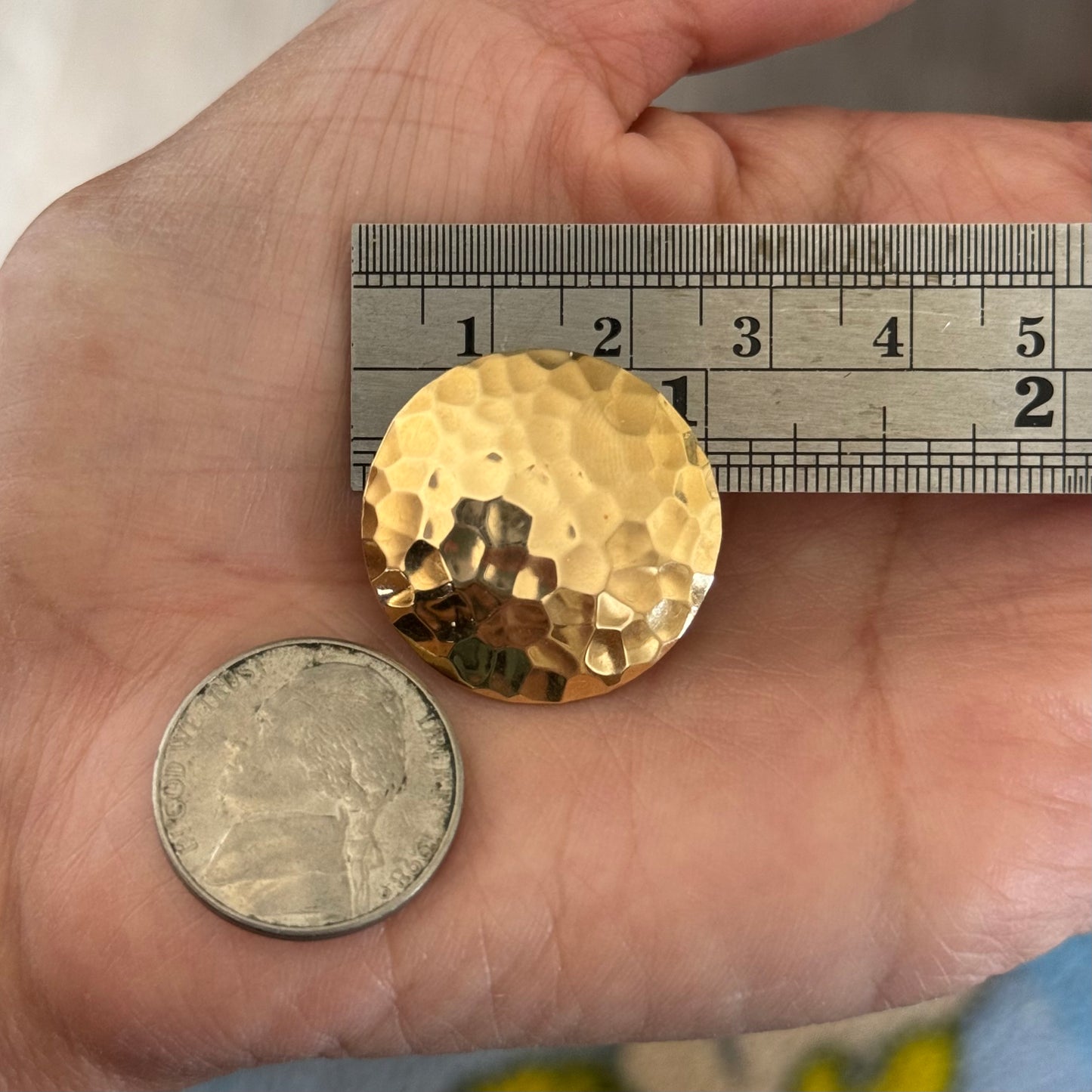 Awesome Hammered 1” Round Textured 14k Gold Disc/Button Statement Earrings