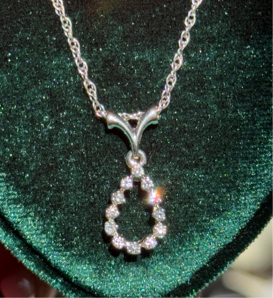 Lovely 14k White Gold Tear Drop Diamond Pendant Necklace (WITH CHAIN) 16” Hollow Rope