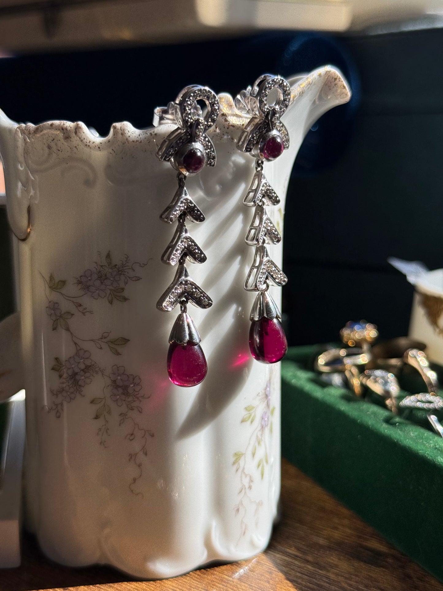 Stunning 14k White Gold Rhodolite Garnet and Diamond Dangle Statement Earrings