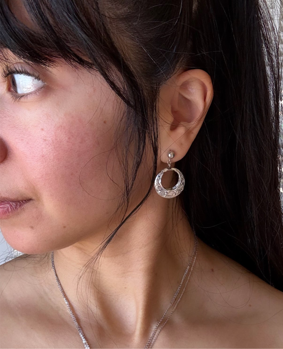Sterling Silver Floral Carved Circle Dangle Earrings