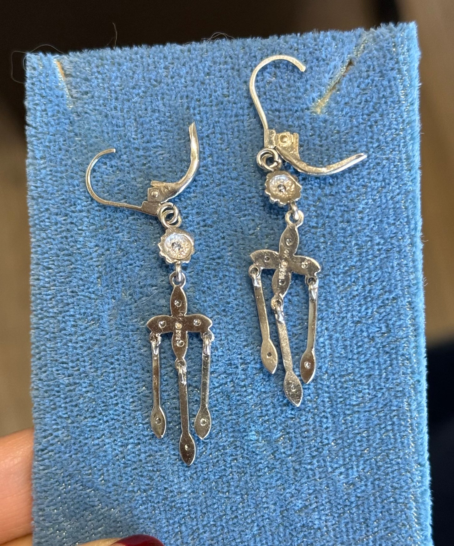 14k White Gold Diamond “Trident” Dangle Earrings