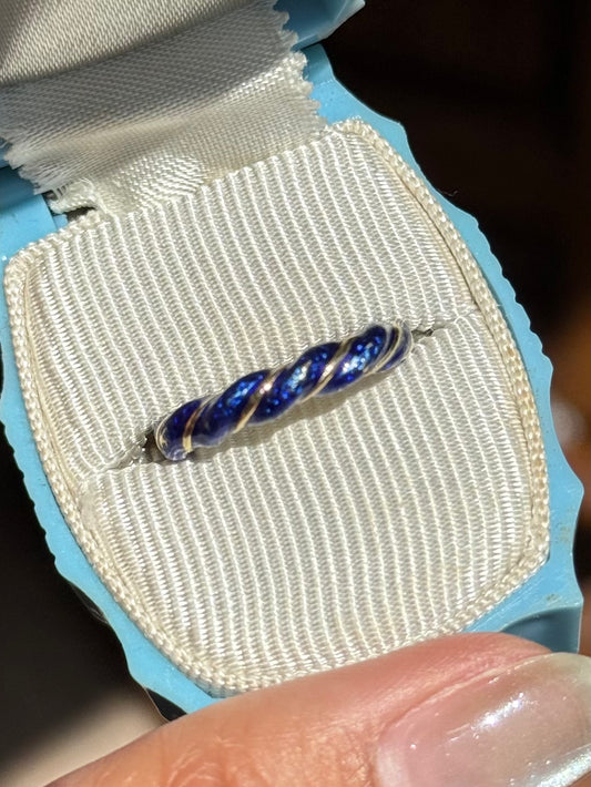 Vintage Twisted Blue Enamel Rope Solid 14k Gold Pinky Ring Size 4