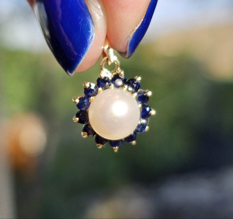 14k Pearl Sapphire Halo Pendant (NO CHAIN)