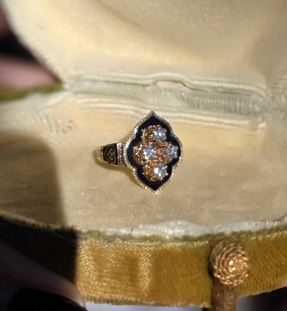 Stunning Vintage Victorian Style Black Enamel Diamond Statement Ring Size 6