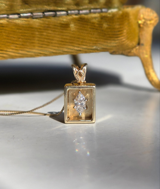 Gorgeous 14k Solid Gold Hefty Shadow Box Framed Marquise Diamond Pendant With Dainty Box Chain 18"