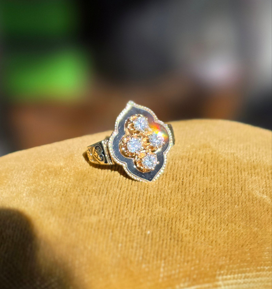 Stunning Vintage Victorian Style Black Enamel Diamond Statement Ring Size 6