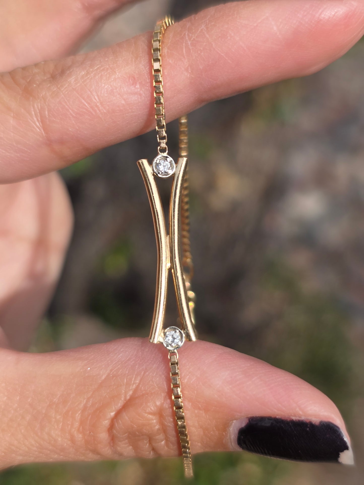 Lovely Italian Made 14k Gold Diamond Accented Double  Curved Bar Box Link Bracelet 6.5"