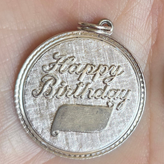 Sterling Silver Vintage "Happy Birthday" Solid Round Medallion Pendant (NO CHAIN)