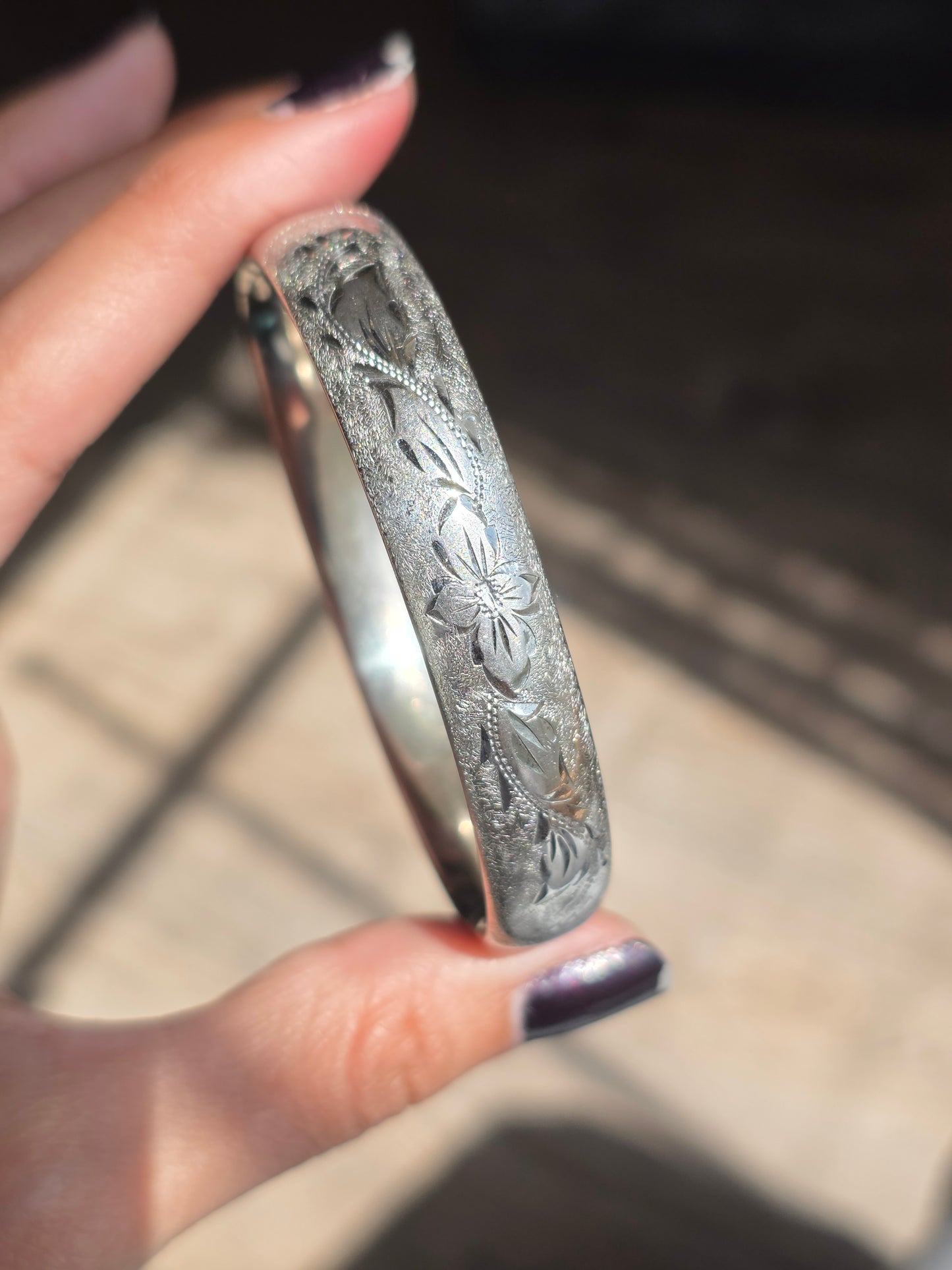 Beautiful Vintage Floral Etched Sterling Silver Bangle Bracelet 6.5"