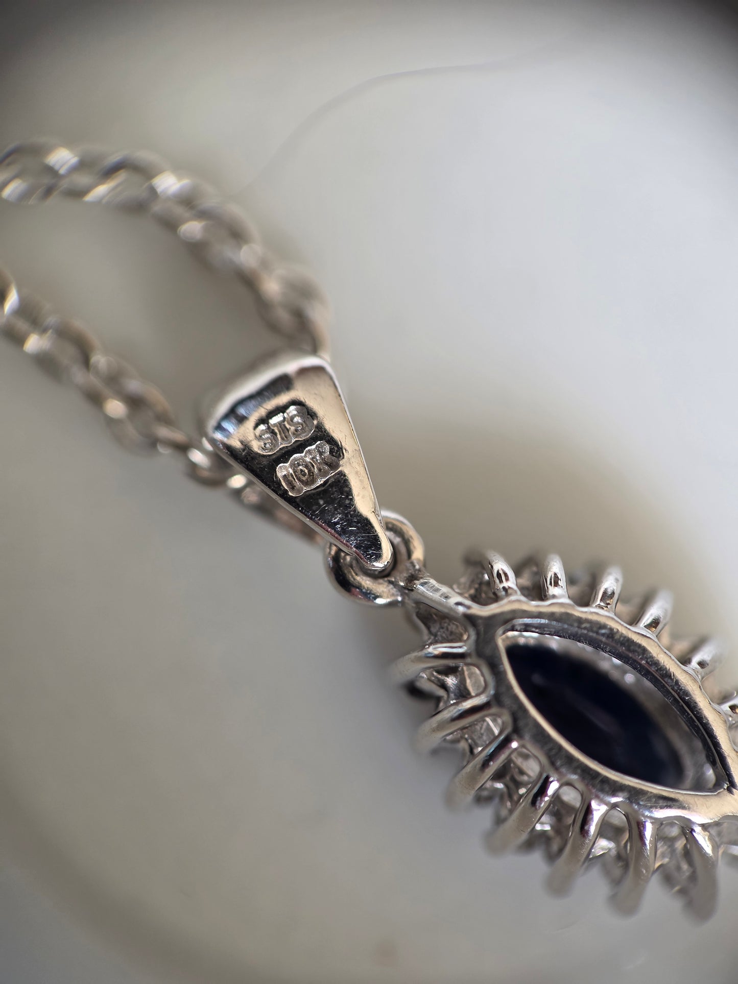 Beautiful Dainty White Gold Sapphire Diamond Pendant With Solid White Gold Cable Link Chain 16" 14k/10k