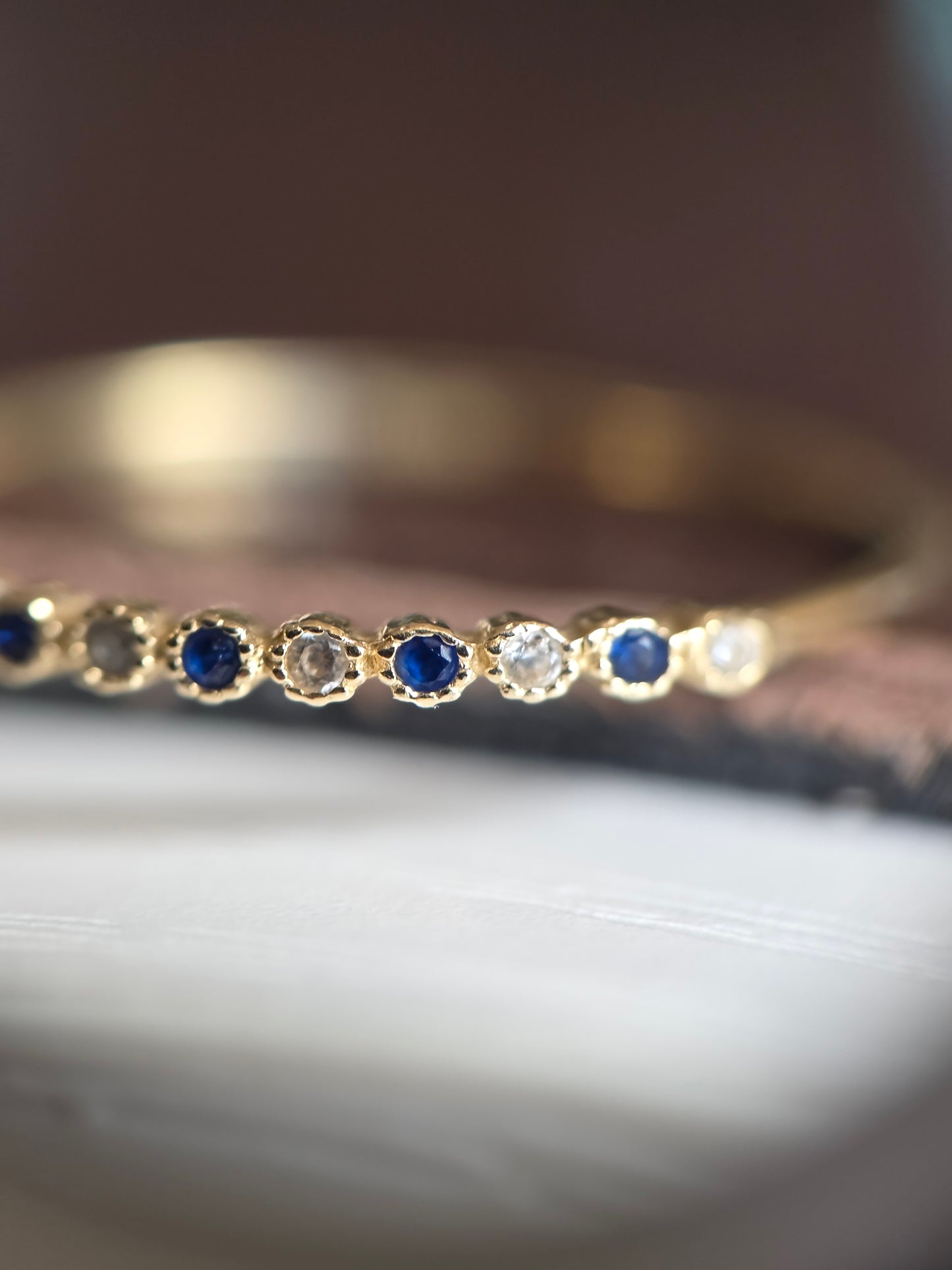 14k Gold Bezel Set Blue Spinel & White Gemstone Dainty Band Stacker Ring Size 6.75