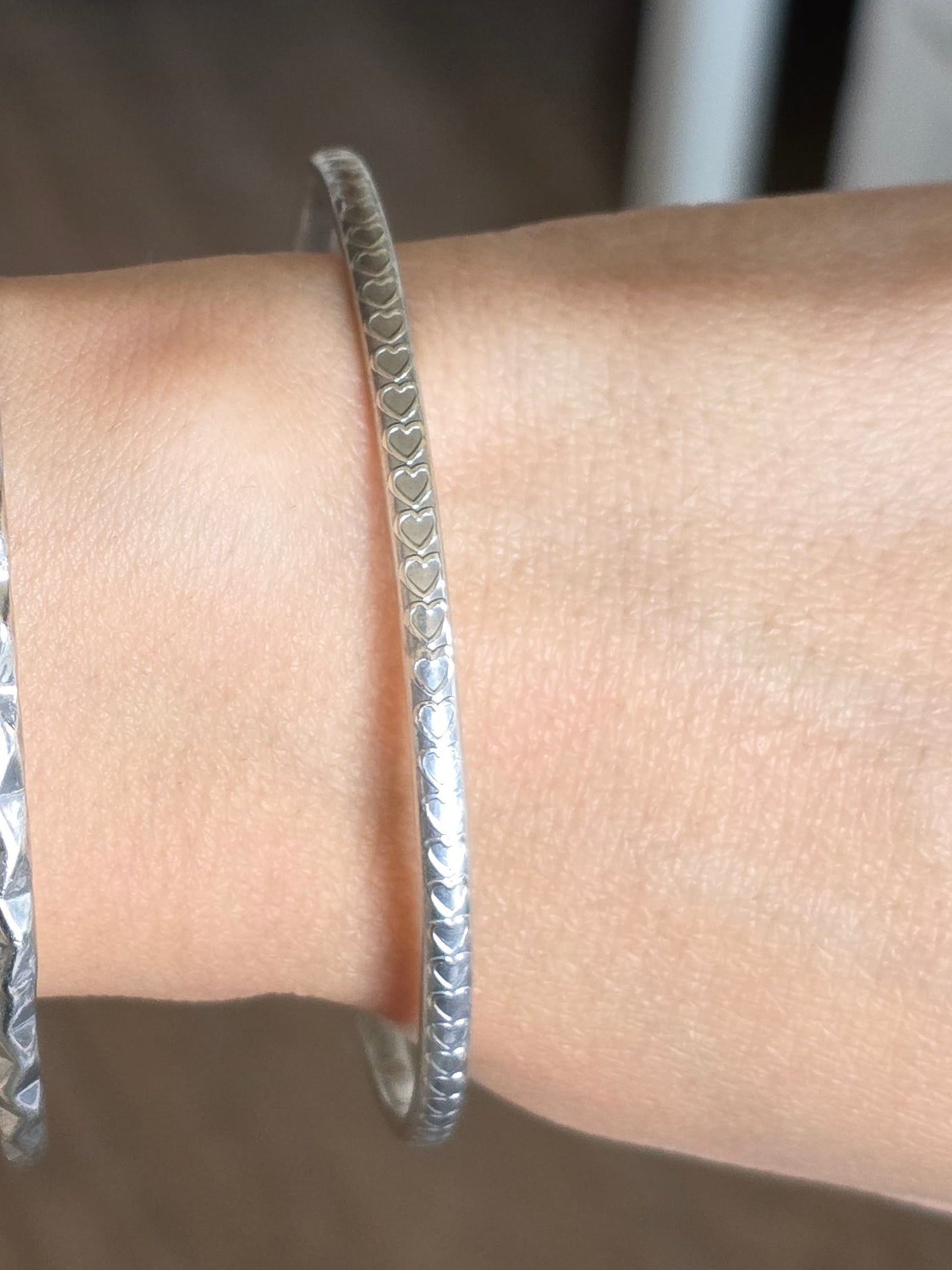 Solid Sterling Silver Heart Pattern Textured Skinny Bangle Bracelet