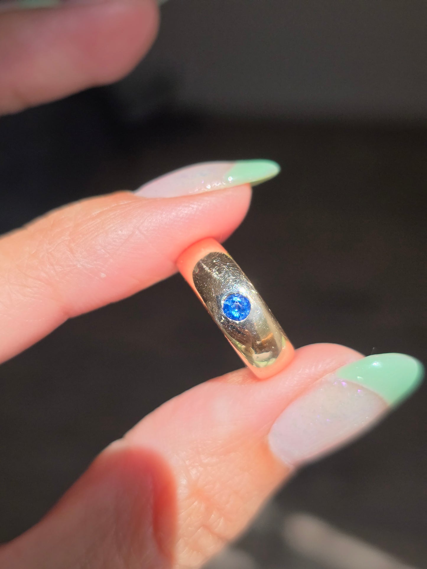 Vintage 14k Gold Flush Set Sapphire Ring Size 4.5