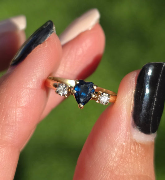 14k Heart Cut Sapphire And Diamond Dainty Yellow Gold Ring Size 4.2