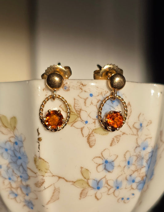 Sweet 14k Gold Citrine Rope Border Dainty Dangle Earrings November Birthstone