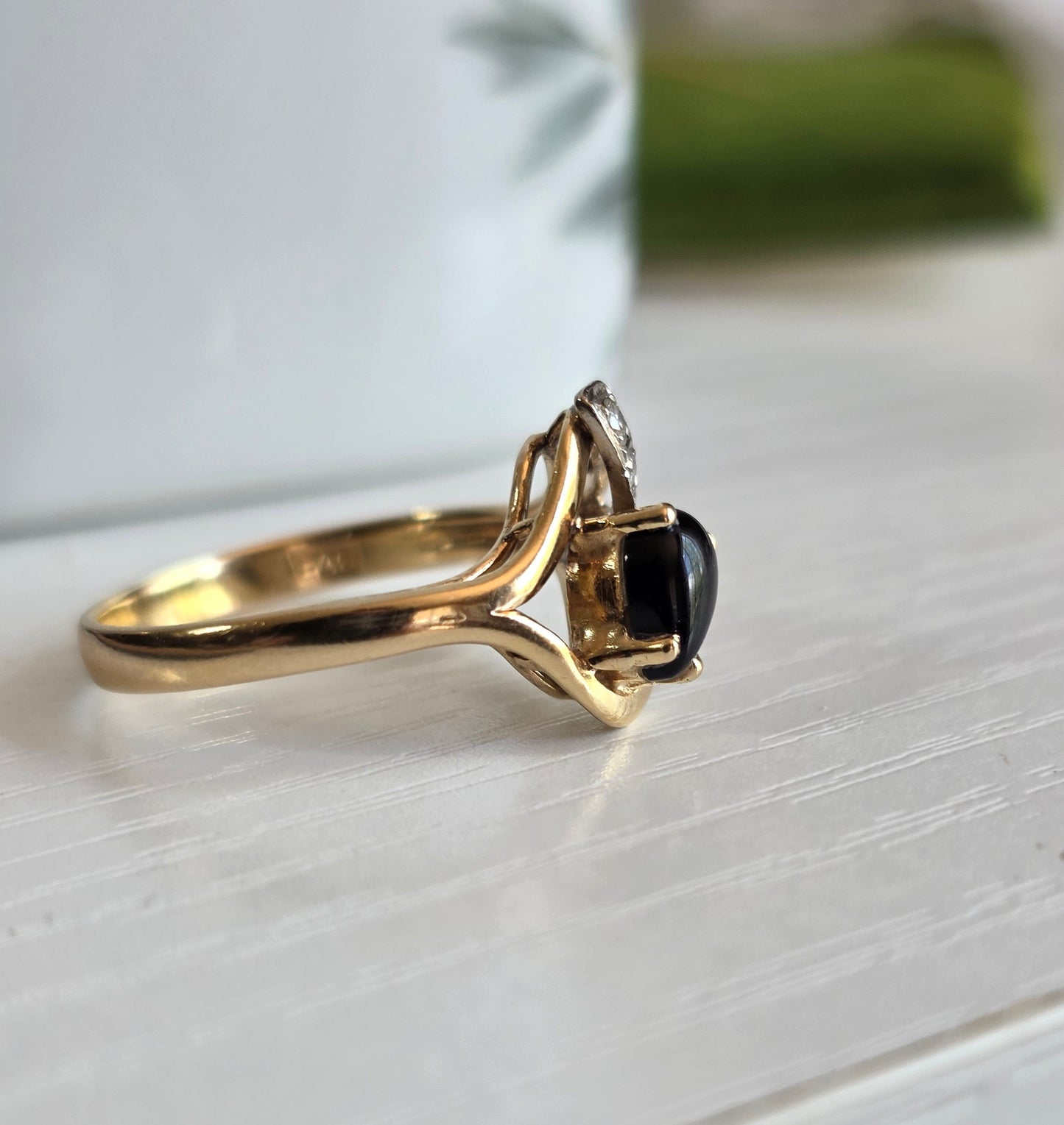 Awesome 14k Gold Black Onyx &  Diamond Modernist Ring Size 6.75