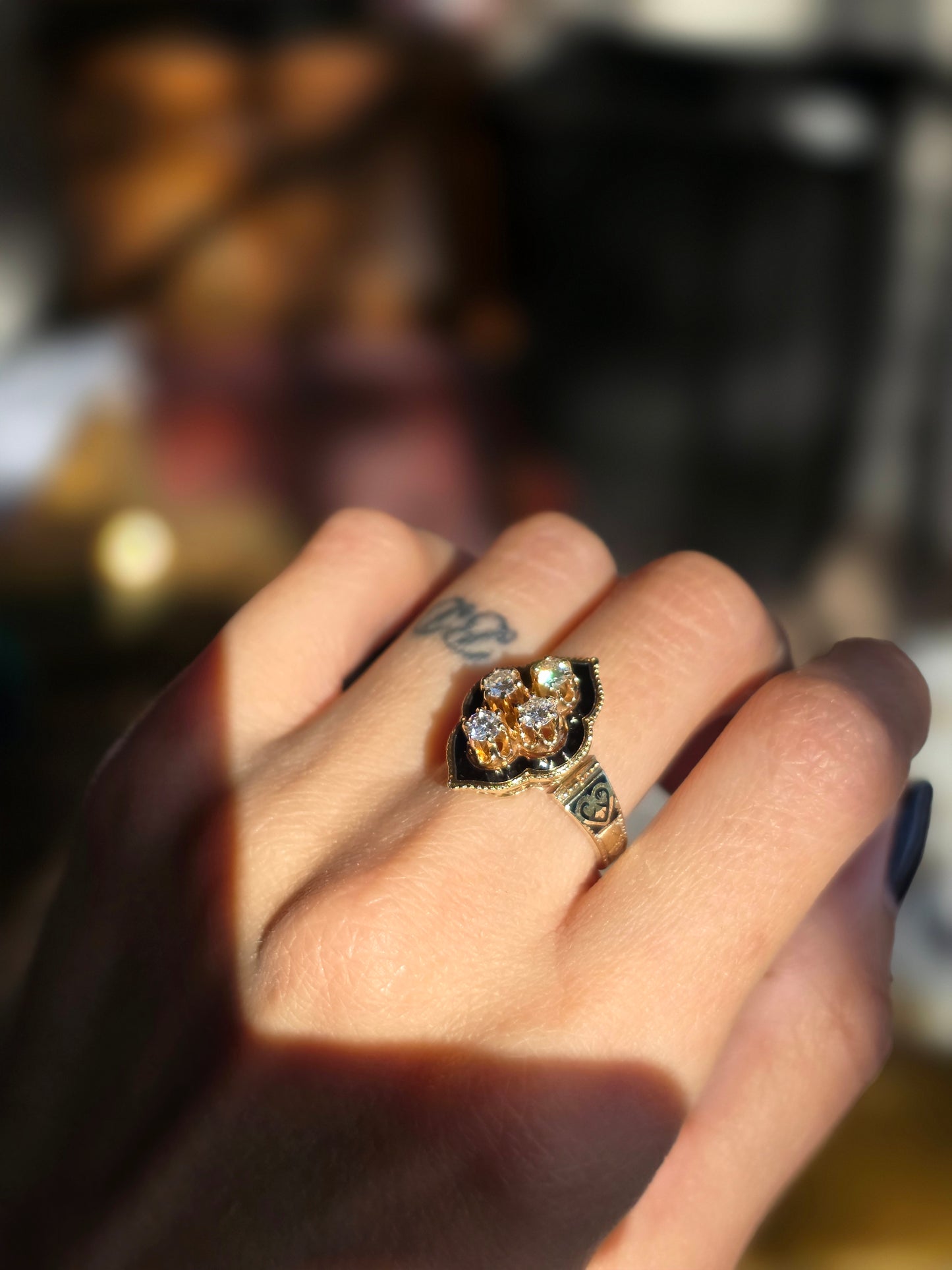 Stunning Vintage Victorian Style Black Enamel Diamond Statement Ring Size 6